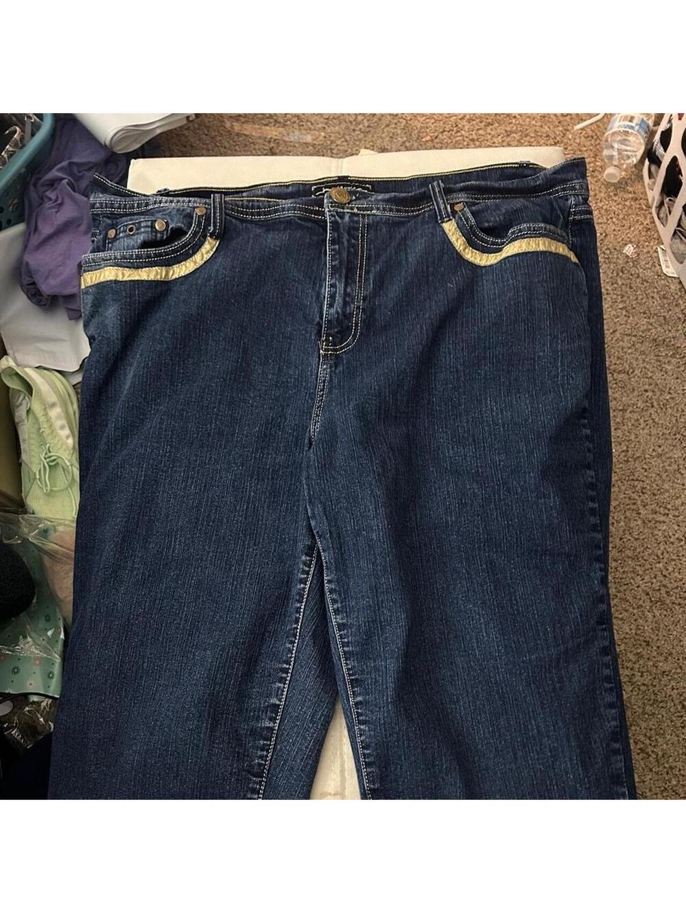 Jeanie Nichole navy blue jeans with gold stitching, size 16